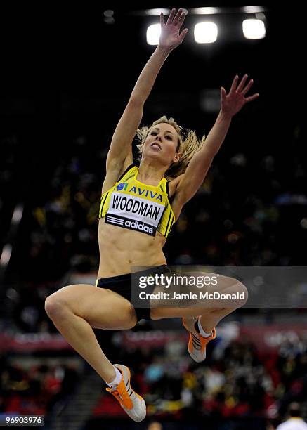 Amy Woodman of Great Britain jumps during the Women's Long Jump during the Aviva Grand Prix at the National Indoor Arena on February 20, 2010 in...