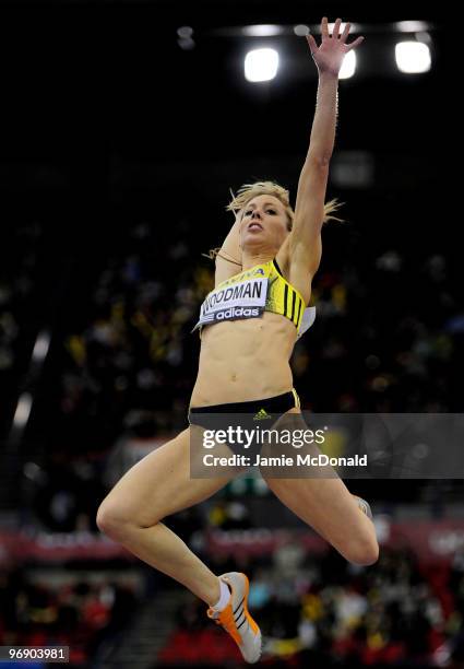 Amy Woodman of Great Britain jumps during the Women's Long Jump during the Aviva Grand Prix at the National Indoor Arena on February 20, 2010 in...