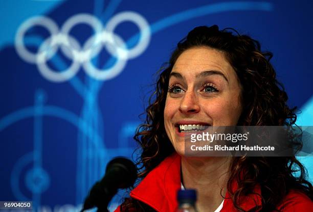 Amy Williams of Great Britain and Northern Ireland talks to the media at the Whistler Media Centre, after she won the Gold Medal in last night's...