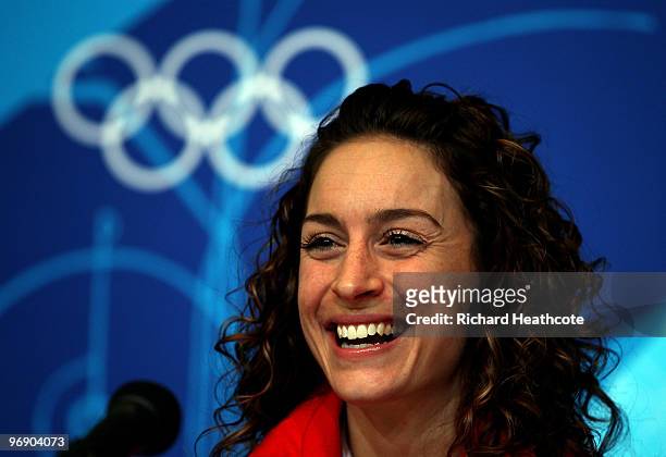 Amy Williams of Great Britain and Northern Ireland talks to the media at the Whistler Media Centre, after she won the Gold Medal in last night's...