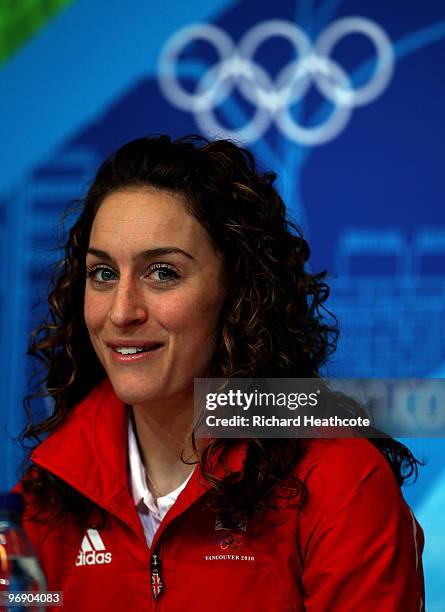 Amy Williams of Great Britain and Northern Ireland talks to the media at the Whistler Media Centre, after she won the Gold Medal in last night's...