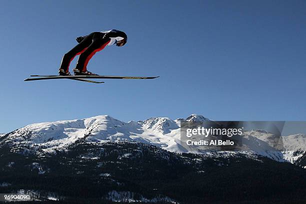 Robert Kranjec of Slovenia soars on the Large Hill on day 9 of the 2010 Vancouver Winter Olympics at Ski Jumping Stadium on February 20, 2010 in...