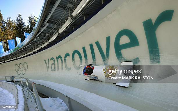 Members of the Russian team during a training session for the Men's Bobsleigh at the Whistler Sliding Center on Blackcomb Mountain during the...