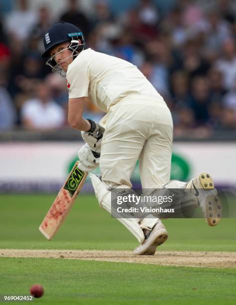 Dom Bess of England batting during day two of the 2nd NatWest Test match between England and Pakistan at Headingley on June 2, 2018 in Leeds, England.