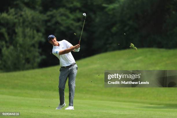 Nicolas Colsaerts of Belgium plays his second shot on the 3rd hole during day one of the 2018 Shot Clock Masters at Diamond Country Club on June 7,...