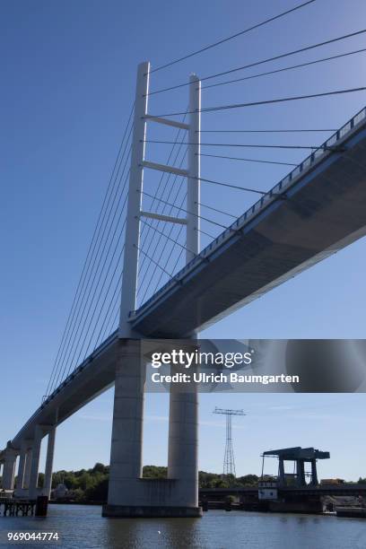 View from direction Stralsund at Ruegenbruecke. The high bridge connects the mainland with the island of Ruegen.