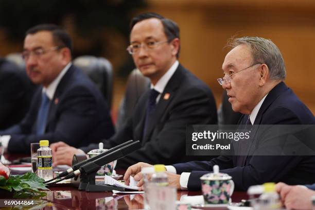 Kazakhstan's President Nursultan Nazarbayev speaks during a meeting with Chinese President Xi Jinping in the Great Hall of the People on June 7...