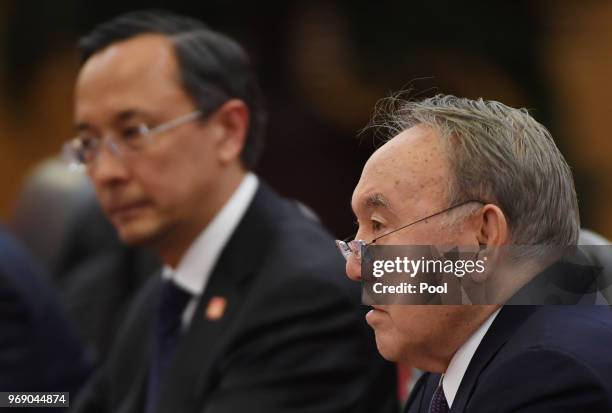 Kazakhstan's President Nursultan Nazarbayev speaks during a meeting with Chinese President Xi Jinping in the Great Hall of the People on June 7...