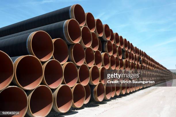 Large pipes for the Baltic Sea pipeline Nord Stream 2 on a storage area in the ferry port of Sassnitz/Neu Mukran.