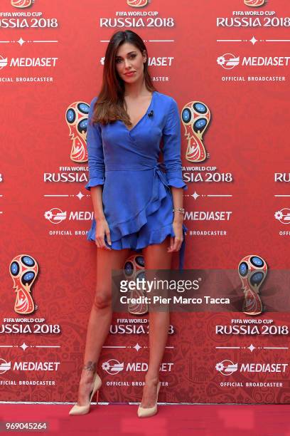 Belen Rodriguez attends the Mediaset unveils it's 'World Cup 2018' TV offer press conference on June 7, 2018 in Milan, Italy.