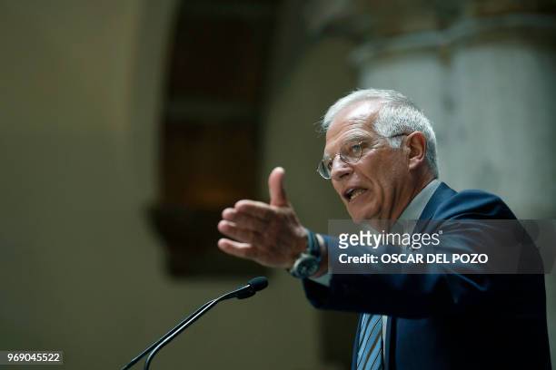 The new Spanish minister of foreign affairs Josep Borrell speaks during the portfolio handover ceremony at the Foreing Affairs ministry headquarters...