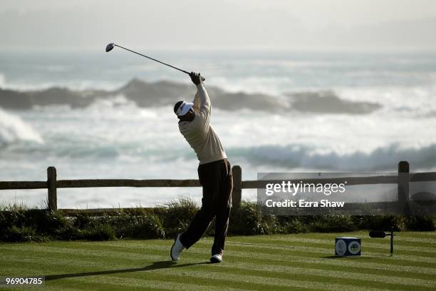 Vijay Singh tees off on the 18th hole during round three of the AT&T Pebble Beach National Pro-Am at Pebble Beach Golf Links on February 13, 2010 in...