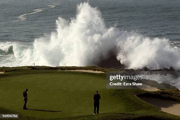 General view of players on the seventh hole during round three of the AT&T Pebble Beach National Pro-Am at Pebble Beach Golf Links on February 13,...