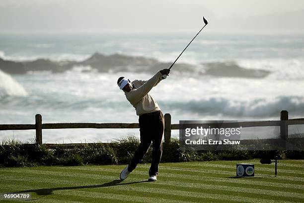 Vijay Singh tees off on the 18th hole during round three of the AT&T Pebble Beach National Pro-Am at Pebble Beach Golf Links on February 13, 2010 in...
