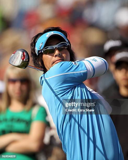 Ryo Ishikawa of Japan tees off on the ninth hole during round three of the AT&T Pebble Beach National Pro-Am at Pebble Beach Golf Links on February...