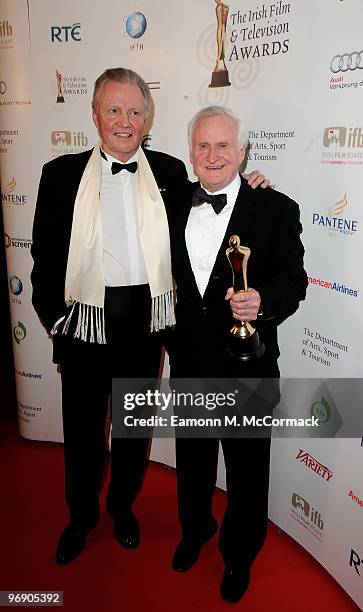 Film maker John Boorman poses with his award and Jon Voight at The 7th Annual Irish Film And Television Awards, at the Burlington Hotel on February...