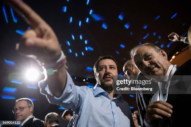 Matteo Salvini, Italy's deputy prime minister, gestures at the annual general meeting of the Confcommercio retail association in Rome, Italy, on...