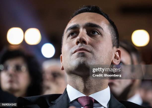 Luigi Di Maio, Italy's deputy prime minister, listens during the annual general meeting of the Confcommercio retail association in Rome, Italy, on...