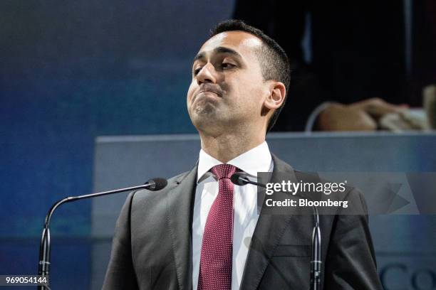 Luigi Di Maio, Italy's deputy prime minister, reacts before speaking at the annual general meeting of the Confcommercio retail association in Rome,...
