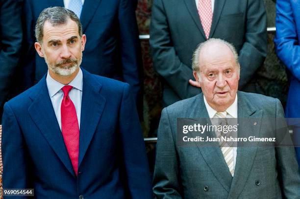 King Felipe VI of Spain and King Juan Carlos receive COTEC Foundation members at Palacio Real De El Pardo on June 7, 2018 in Madrid, Spain.