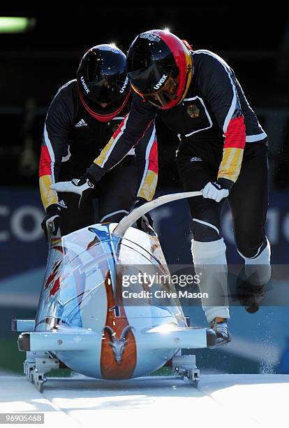 Germany 1 piloted by Sandra Kiriasis practice during the Women's Two-Man Bobsleigh training on day 9 of the 2010 Vancouver Winter Olympics at the...