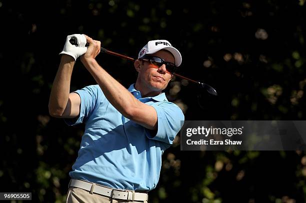 Nick O'Hern tees off on the 16th hole during the final round of the AT&T Pebble Beach National Pro-Am at Pebble Beach Golf Links on February 14, 2010...