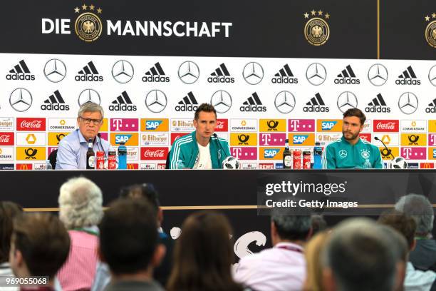 Miroslav Klose talks to the media during the final press conference at the DFB media center on June 7, 2018 in Eppan, Italy.