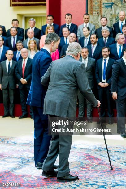 King Felipe VI of Spain and King Juan Carlos receive COTEC Foundation members at Palacio Real De El Pardo on June 7, 2018 in Madrid, Spain.