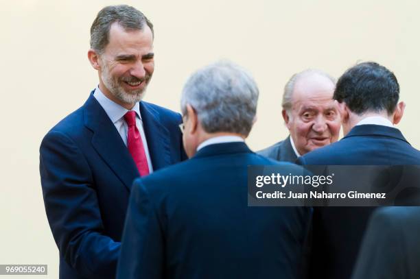 King Felipe VI of Spain and King Juan Carlos receive COTEC Foundation members at Palacio Real De El Pardo on June 7, 2018 in Madrid, Spain.