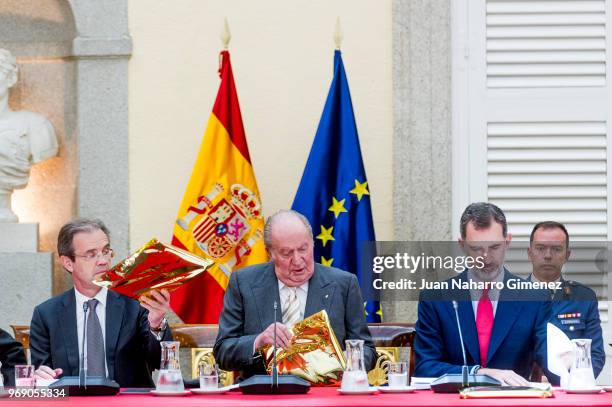 King Felipe VI of Spain and King Juan Carlos receive COTEC Foundation members at Palacio Real De El Pardo on June 7, 2018 in Madrid, Spain.