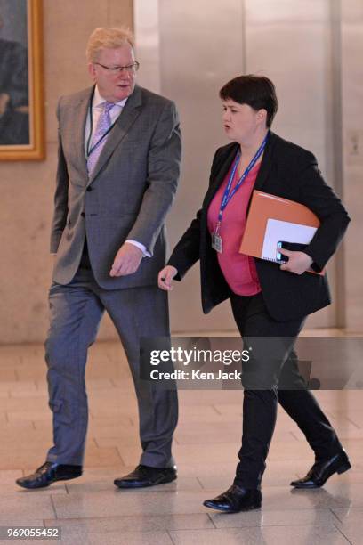 Scottish Conservative leader Ruth Davidson on the way to First Minister's Questions in the Scottish Parliament, accompanied by her deputy Jackson...