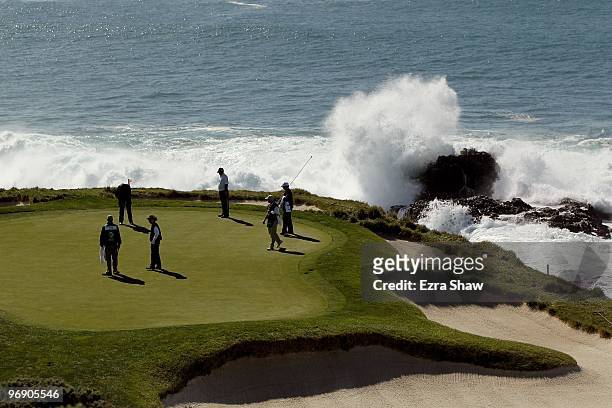 General view of players putting on the seventh hole during the final round of the AT&T Pebble Beach National Pro-Am at Pebble Beach Golf Links on...