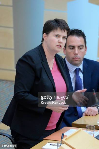 Scottish Conservative leader Ruth Davidson during First Minister's Questions in the Scottish Parliament, on JUNE 7, 2018 in Edinburgh, Scotland.