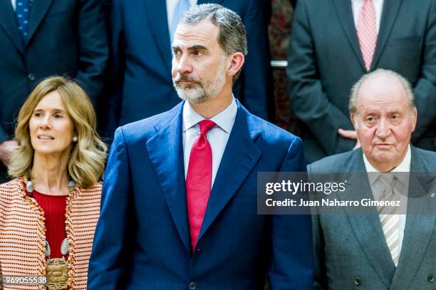 King Felipe VI of Spain and King Juan Carlos receive COTEC Foundation members at Palacio Real De El Pardo on June 7, 2018 in Madrid, Spain.