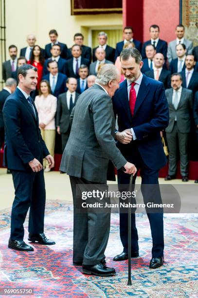 King Felipe VI of Spain and King Juan Carlos receive COTEC Foundation members at Palacio Real De El Pardo on June 7, 2018 in Madrid, Spain.