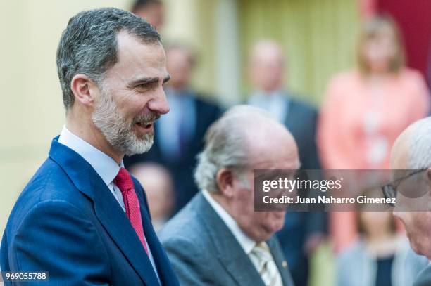 King Felipe VI of Spain and King Juan Carlos receive COTEC Foundation members at Palacio Real De El Pardo on June 7, 2018 in Madrid, Spain.