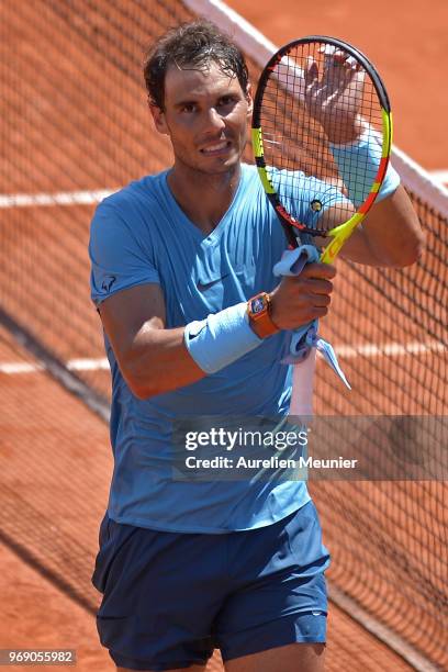 Rafael Nadal of Spain reacts after winning his men's singles quaterfinal match against Diego Schwartzman of Argentina on day 12 of the 2018 French...