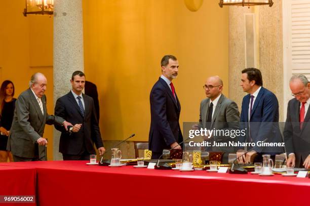 King Felipe VI of Spain and King Juan Carlos receive COTEC Foundation members at Palacio Real De El Pardo on June 7, 2018 in Madrid, Spain.