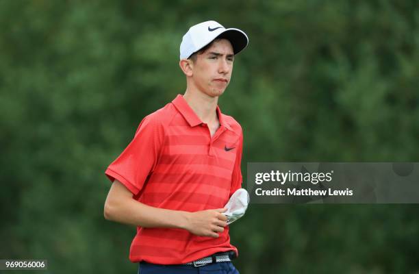 Amateur Tom McKibbin of Northern Ireland looks on during day one of the 2018 Shot Clock Masters at Diamond Country Club on June 7, 2018 in...