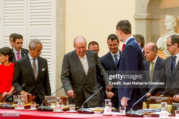 King Felipe VI of Spain and King Juan Carlos receive COTEC Foundation members at Palacio Real De El Pardo on June 7, 2018 in Madrid, Spain.