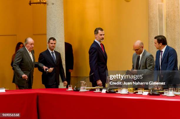 King Felipe VI of Spain and King Juan Carlos receive COTEC Foundation members at Palacio Real De El Pardo on June 7, 2018 in Madrid, Spain.