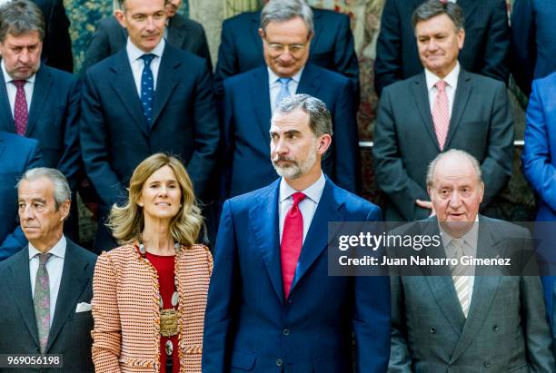 King Felipe VI of Spain and King Juan Carlos receive COTEC Foundation members at Palacio Real De El Pardo on June 7, 2018 in Madrid, Spain.