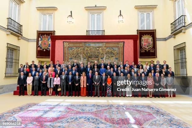 King Felipe VI of Spain and King Juan Carlos receive COTEC Foundation members at Palacio Real De El Pardo on June 7, 2018 in Madrid, Spain.