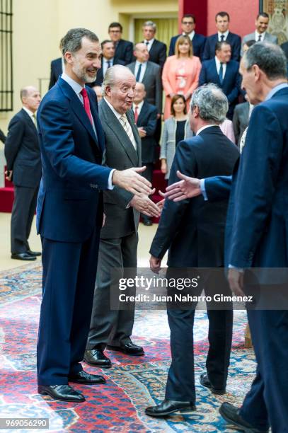 King Felipe VI of Spain and King Juan Carlos receive COTEC Foundation members at Palacio Real De El Pardo on June 7, 2018 in Madrid, Spain.