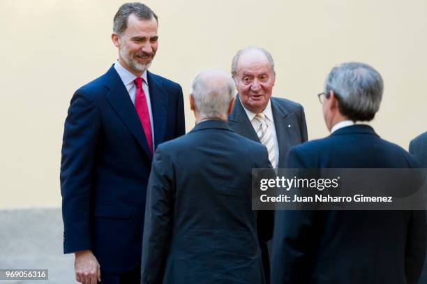 King Felipe VI of Spain and King Juan Carlos receive COTEC Foundation members at Palacio Real De El Pardo on June 7, 2018 in Madrid, Spain.