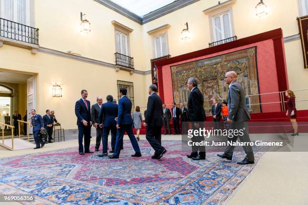 King Felipe VI of Spain and King Juan Carlos receive COTEC Foundation members at Palacio Real De El Pardo on June 7, 2018 in Madrid, Spain.