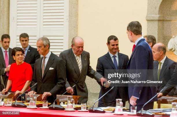 King Felipe VI of Spain and King Juan Carlos receive COTEC Foundation members at Palacio Real De El Pardo on June 7, 2018 in Madrid, Spain.