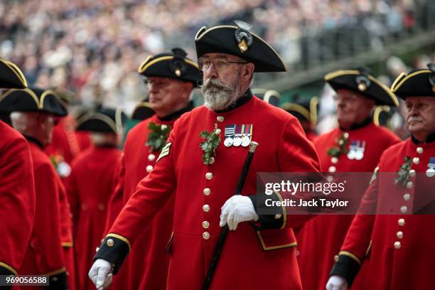 Chelsea Pensioners take part in the Founder's Day Parade at Royal Hospital Chelsea on June 7, 2018 in London, England. The annual event celebrates...