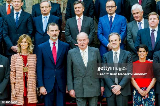 King Felipe VI of Spain and King Juan Carlos receive COTEC Foundation members at Palacio Real De El Pardo on June 7, 2018 in Madrid, Spain.