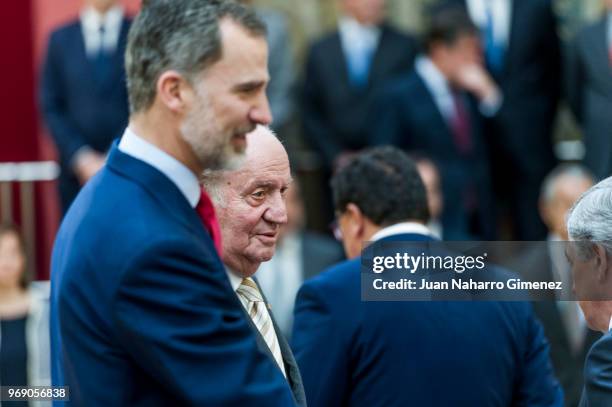 King Felipe VI of Spain and King Juan Carlos receive COTEC Foundation members at Palacio Real De El Pardo on June 7, 2018 in Madrid, Spain.